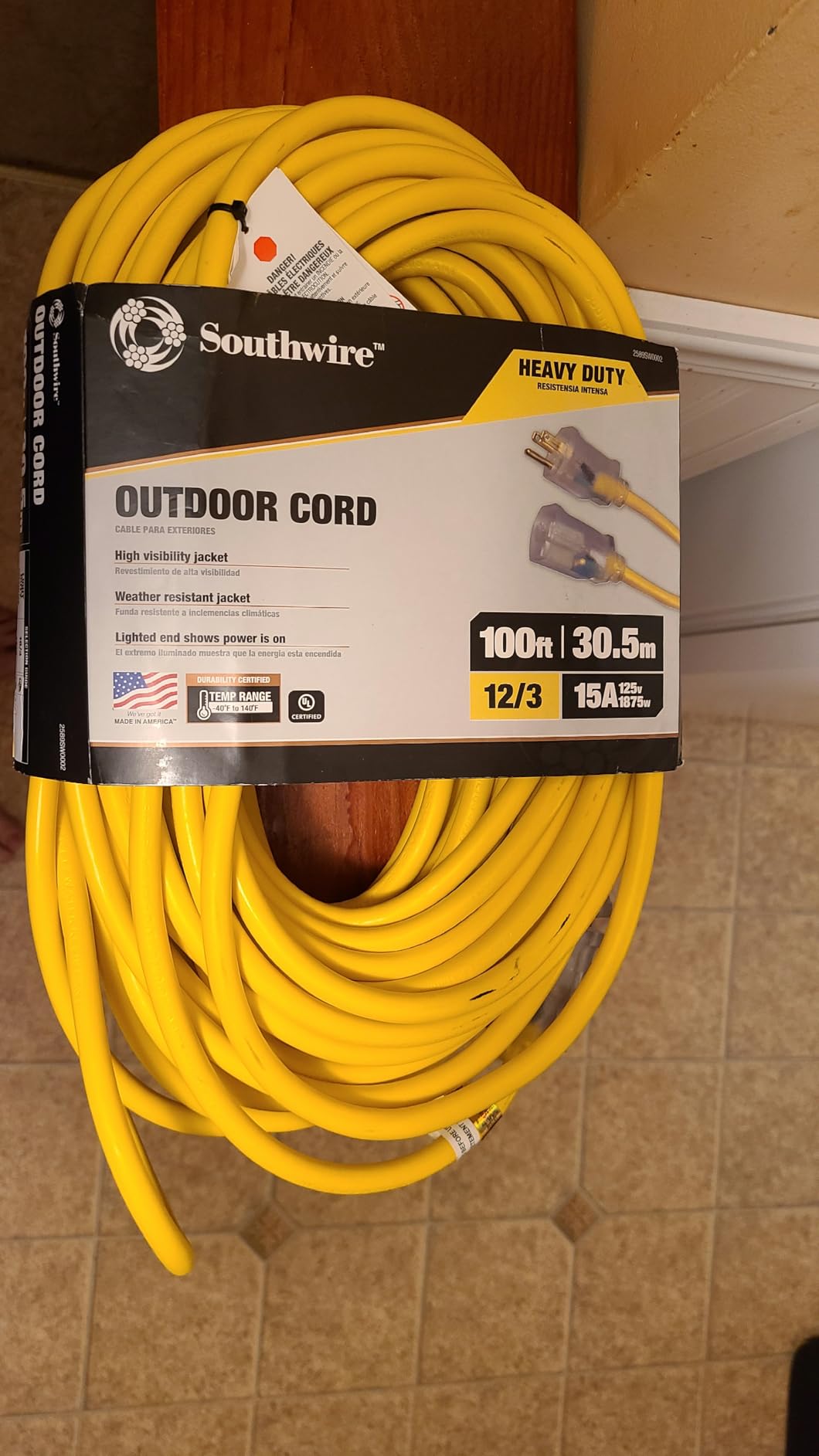 Southwire Outdoor Extension Cord – Durable Vinyl Jacket for For Farm, Ranch & Workshop - Lighted End With Reinforced Blades - SJTW, Yellow - 12 Gauge, 3 Prong - 50 Feet customer photo 1