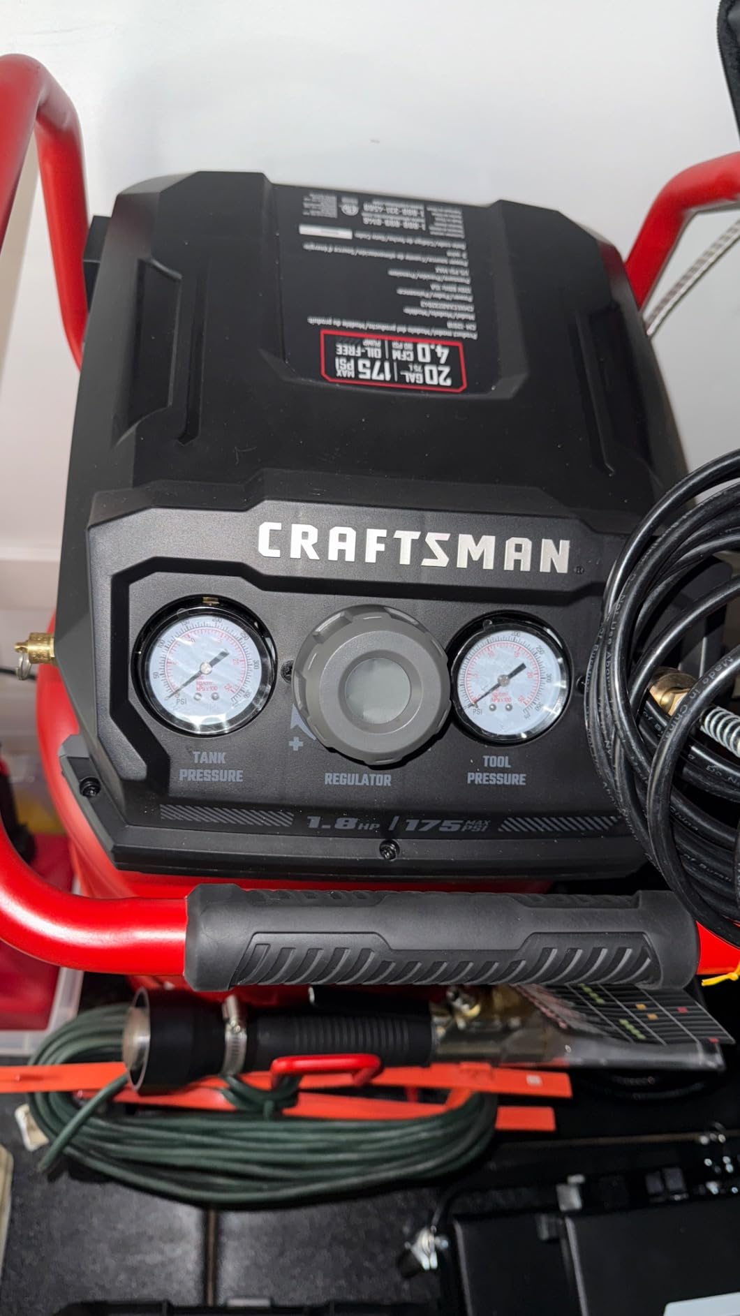 Craftsman Air Compressor, 20 Gallon Oil-Free 1.8 HP Max 175 PSI Pressure Two Quick Couplers Big Capacity, Red- CMXECXA0232043 customer photo 1