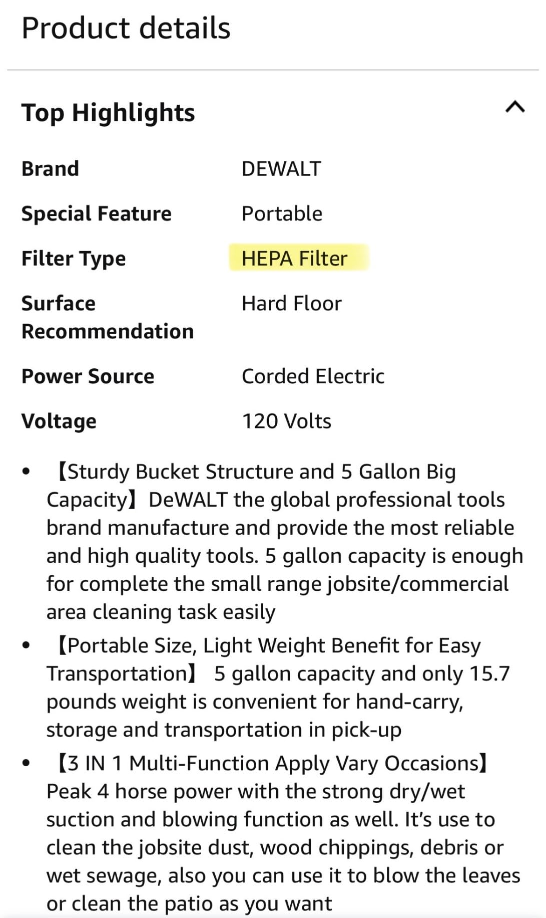 DEWALT DXV05P 5 Gallon Poly Wet/Dry Vac, 4 Peak HP Shop Vacuums with Attachments, Powerful Suction, 1-7/8