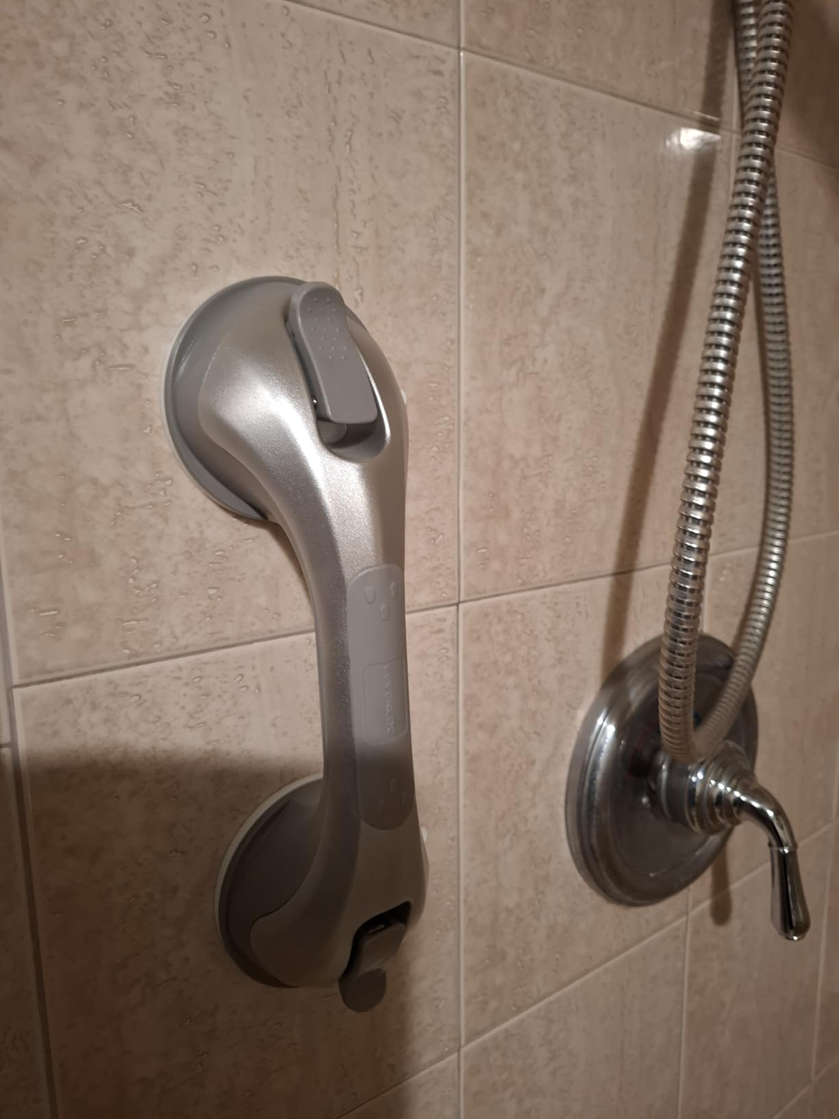 LEVERLOC Grab Bars for Shower 2 Pack Suction, Heavy Duty 12 Inch Shower Handle Removable Bath Bar for Seniors and Elderly, Bathroom Safety Grip No Drilling Waterproof Silver customer photo 1