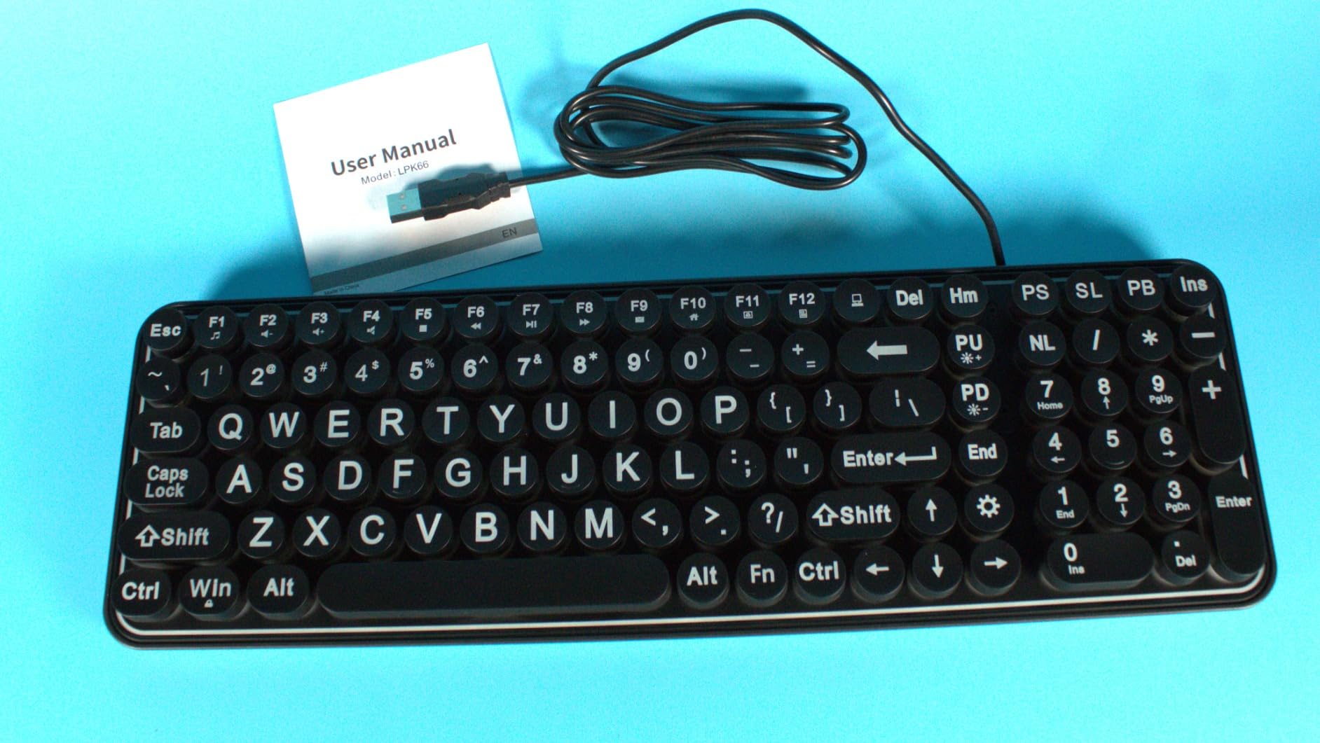 QUASIO Large Print Backlit Keyboard, Wired USB Lighted Computer Keyboards with 7-Color Backlit, Oversized Print Letters, Quiet Typewriter Keyboard with Retro Round Keycaps for Windows PC, Laptop customer photo 2