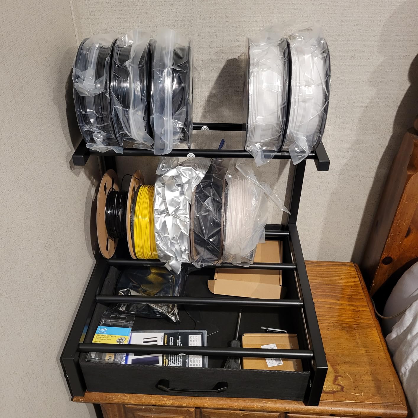 2-Tier Desktop Filament Storage Rack with Fabric Drawer - 3D Printer Filament Spools Holder Shelf for PLA/ABS/TPU Filaments, Tabletop Organizer for Home Office, Workshop Studio (Black Single Row) customer photo 2