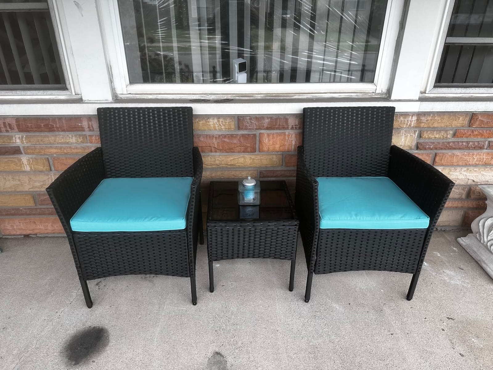 Yaheetech 3 Pieces Patio Porch Furniture Set, Outdoor PE Rattan Wicker Conversation Set with Soft Cushions, Glass Coffee Table & 2 Chairs for Garden/Deck/Courtyard/Poolside, Black/Gray customer photo 2