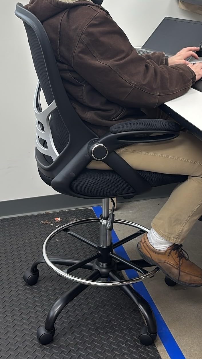 HYLONE Drafting Chair, Tall Office Chair, High-Back Mesh Standing Desk Stool Chair, Ergonomic Home Office Desk Chair with Adjustable Footrest Ring, Flip-Up Arms, Rolling Swivel Wheels, Black customer photo 2