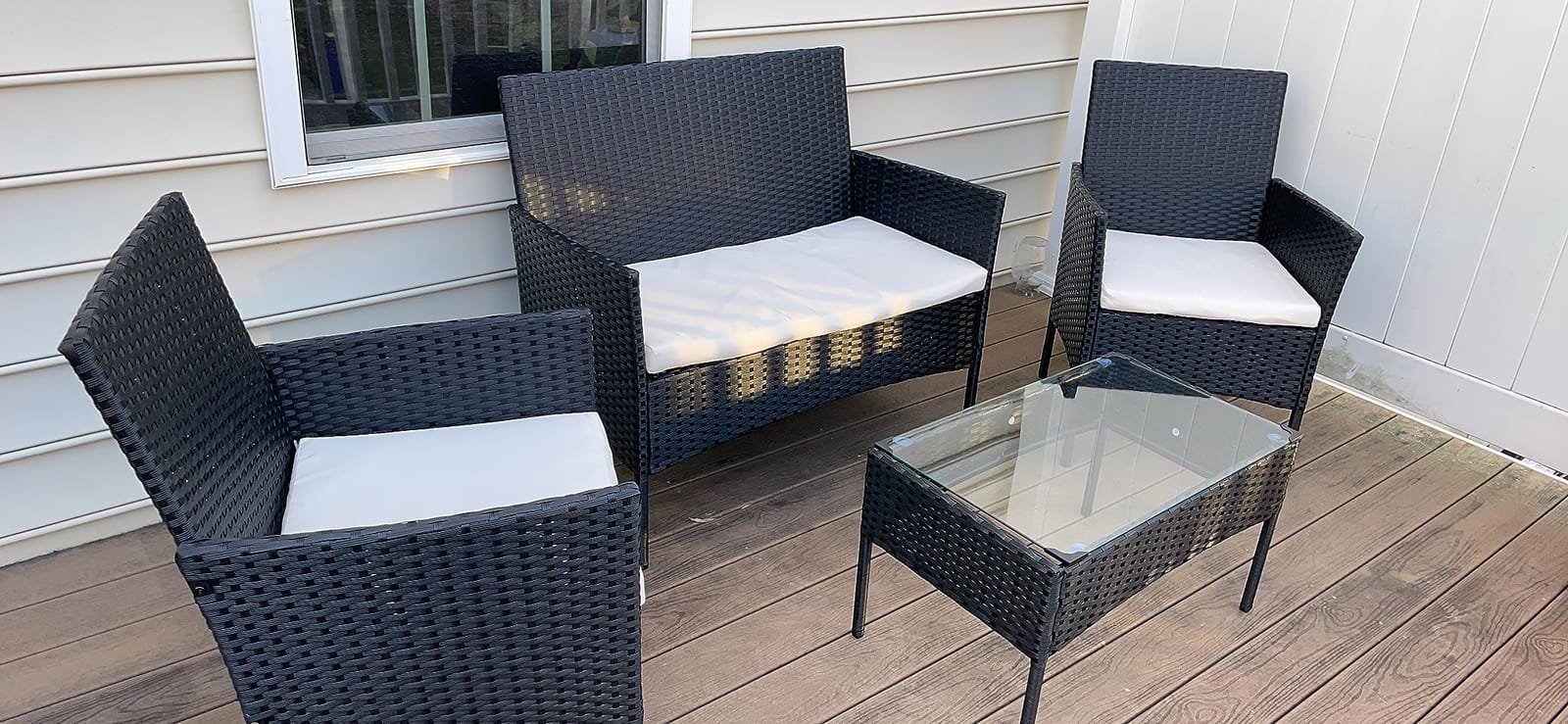 Patio Furniture Set 4 Pieces, Outdoor Rattan Furniture with Tempered Glass Coffee Table, Modern Rattan Patio Chairs Conversation Sets with Sofa for Garden, Terrace, Porch, Lawns Brown/Beige customer photo 2