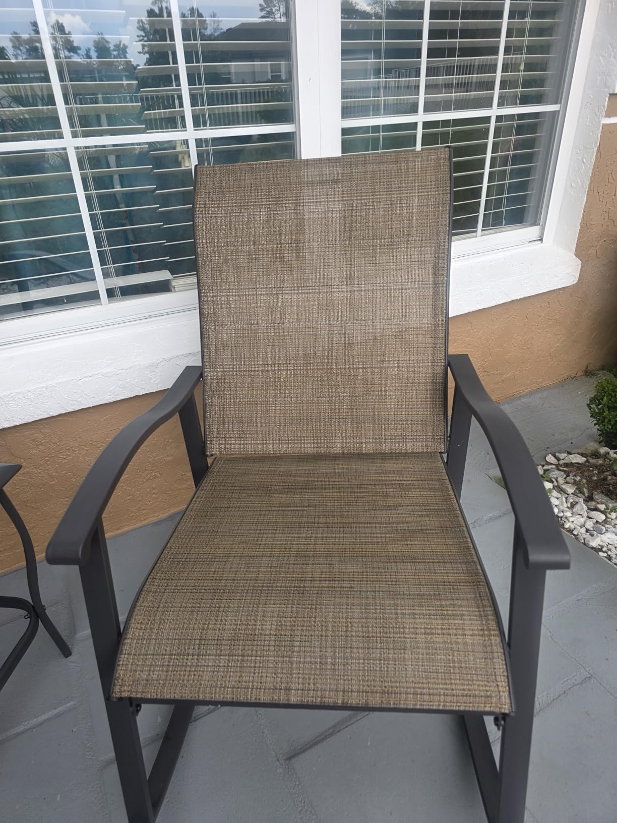 Vongrasig 3 Piece Outdoor Rocking Bistro Set, Textilene Fabric Small Patio Furniture Set, Front Porch Rocker Chairs Conversation Set with Glass Table for Lawn, Garden, Balcony, Poolside (Taupe) customer photo 2