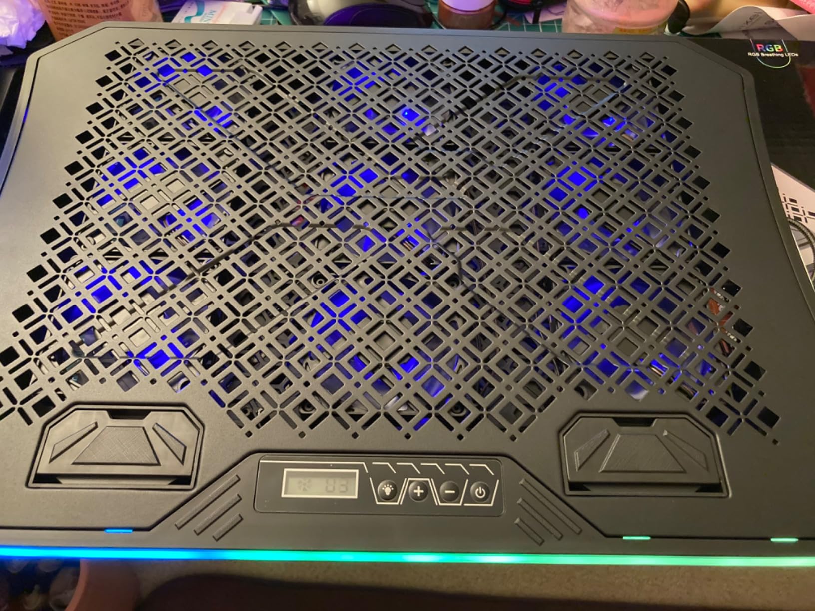KeiBn Upgraded Gaming Laptop Cooler Pad with 9 Quiet RGB Fans, Cooling Pad for 15.6-17.3 Inch Laptops with 7 Height Stands, 2 USB Ports, Phone Stand-Blue customer photo 1