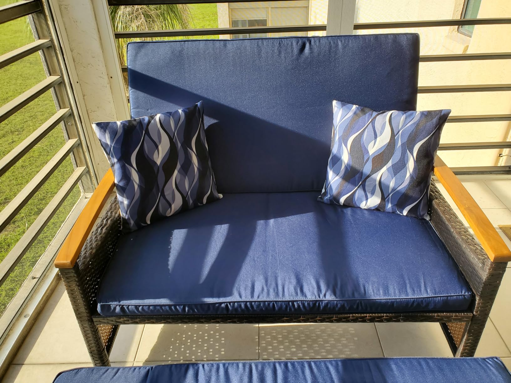 Tangkula Patio Rattan Daybed with 4-Level Adjustable Backrest, Outdoor Wicker Loveseat with Acacia Wood Armrest, Storage Ottoman & Folding Tray, Double Sunbed Lounger for Balcony, Backyard & Poolside customer photo 2