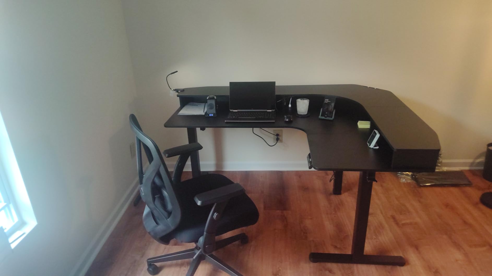 HUANUO 65″ L Shaped Standing Desk with 3 Drawers, Adjustable, Vintage Brown customer photo 1