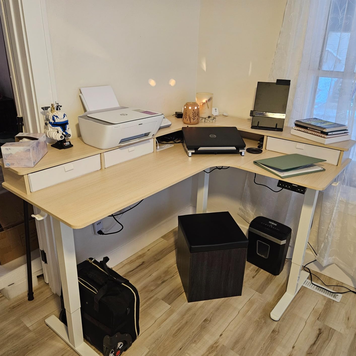 HUANUO 65″ L Shaped Standing Desk with 3 Drawers, Adjustable, Vintage Brown customer photo 2