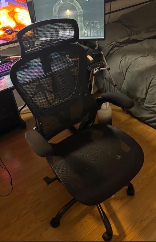 GABRYLLY Ergonomic Mesh Office Chair, Adjustable Home Desk Chair with Folding Armrest, 2D Headrest, Soft Seat and PU Wheel, Black Swivel Task Chair for Office, Business, Student (GY1108) customer photo 1