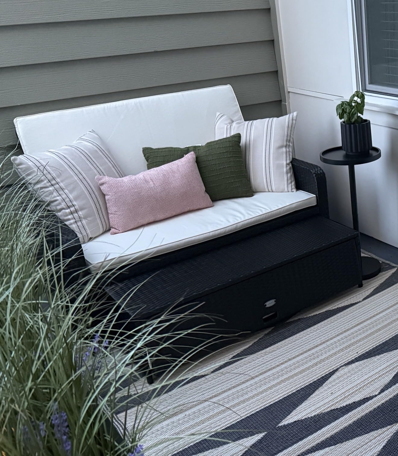 RELAX4LIFE Wicker Patio Outdoor Daybed - Rattan Day Bed Lounger with Loveseat & Storage Ottoman, Sunbed Sofa Set w/Cushions, 4-Level Adjustable Backrest & 2 Retractable Trays, Patio Daybed (Beige) customer photo 1