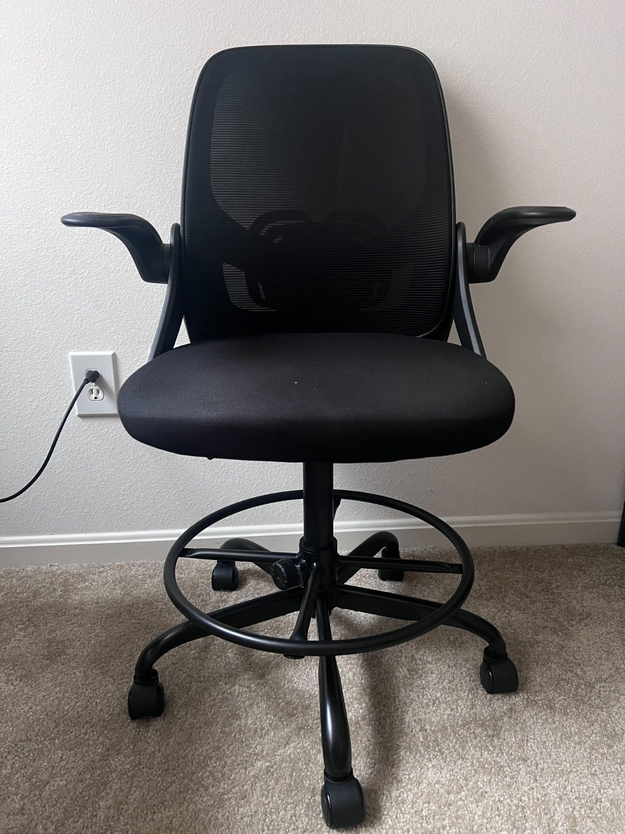 ORRSAKER Drafting Chair, Tall Office Chair with Flip-up Arms, Mesh Ergonomic Computer Standing Desk Chair with Adjustable Height Foot Ring and Lumbar Support, 300 LBS Capacity, Black customer photo 1