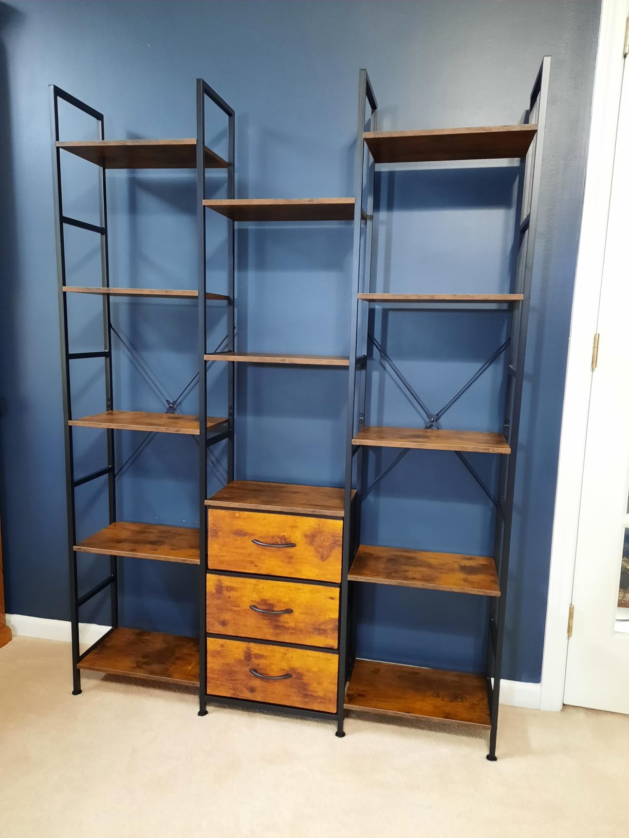 AFLUI Triple Bookshelf with 3 Fabric Drawers, 4-Tier Book Shelf and 10 Display Shelves, Industrial Large Bookcase for Home & Office, Rustic Brown, 47'' Wide customer photo 1