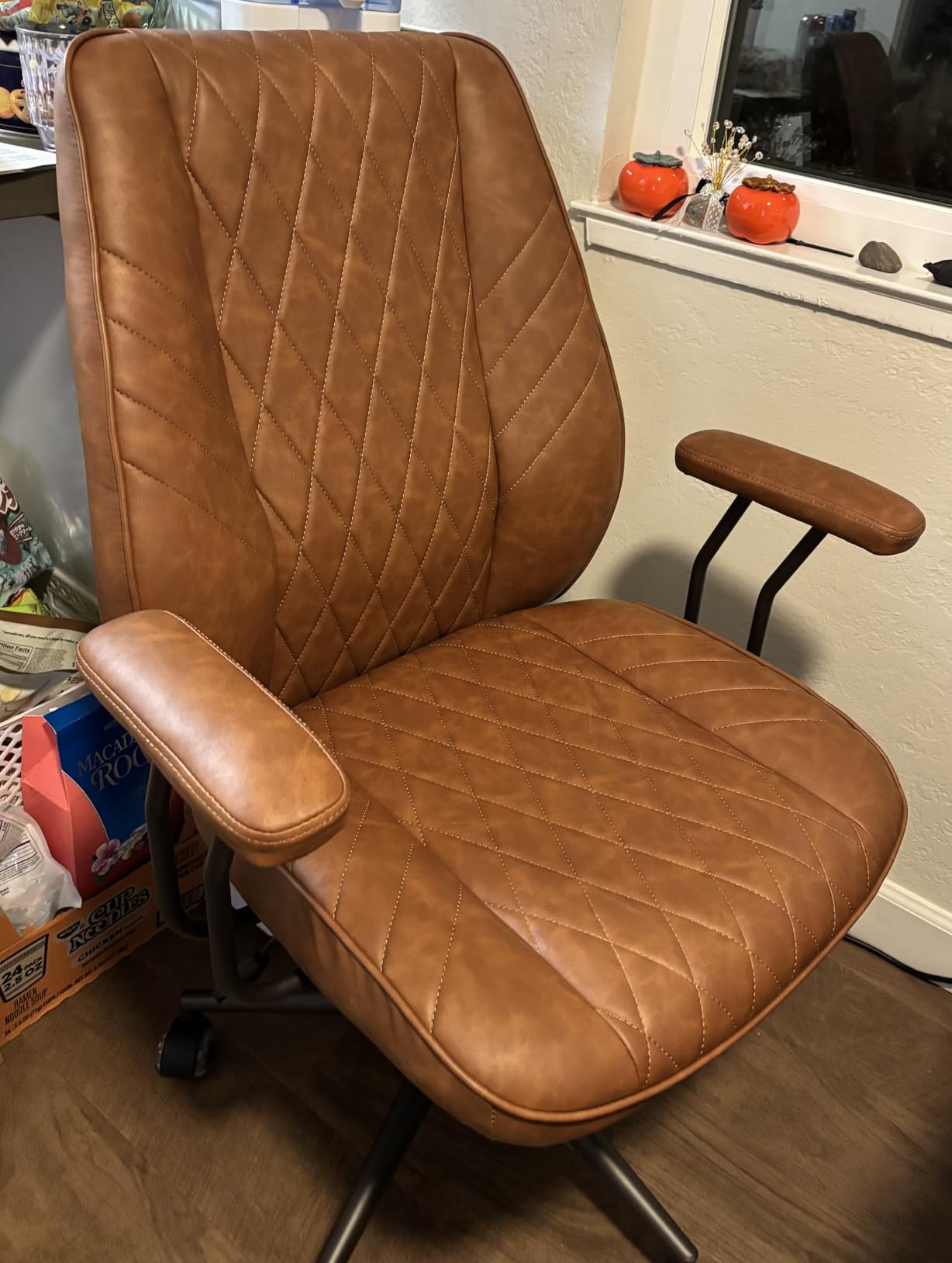 Brown Leather Office Desk Chair with Quiet Rubber Wheels, Height Adjustable, Padded Arms, Vintage Mid Century Office Chair, Retro Style Desk Chair customer photo 2
